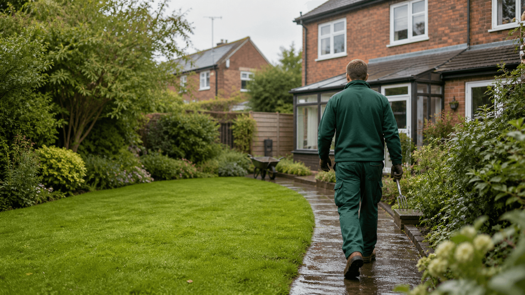 Bramley Garden Care website concept showing a gardener in a maintained suburban garden